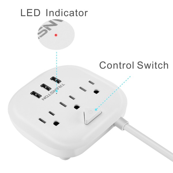 Power Strip with 3 USB & Switch Control, Desktop Charging Station with 5 Feet Cord - White