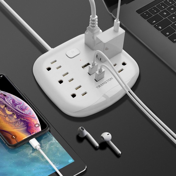 Power Strip 6 Outlet 3 USB with Switch Control,Desktop Charging Station Fast Charge Electric Fireproof 5 ft Heavy Duty Extension Cord,Compatible with Phone Computer-Wite